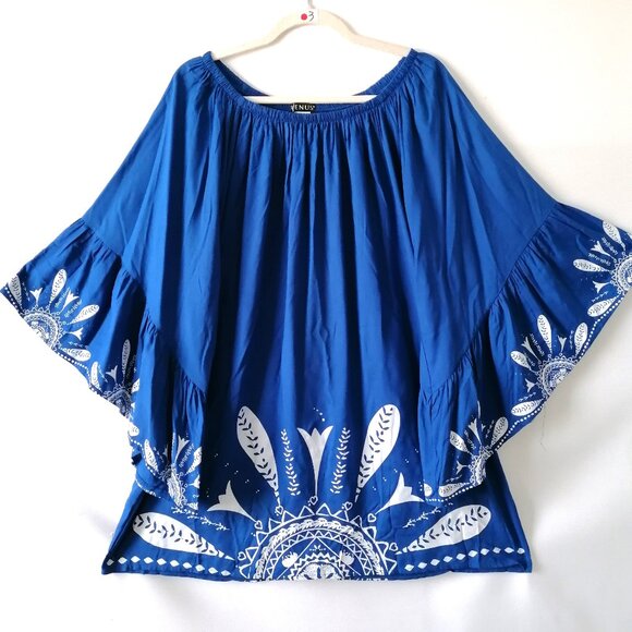 Venus Womens Blue Bell Sleeve Off The Shoulder Batik Print Blouse Top One Size - Picture 1 of 7
